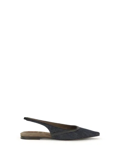 Brunello Cucinelli Monili Pointed Toe Slingback Flat In Blue