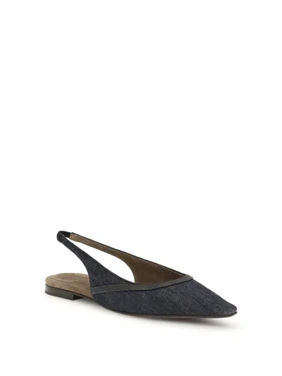 Brunello Cucinelli Monili Pointed Toe Slingback Flat In Blue
