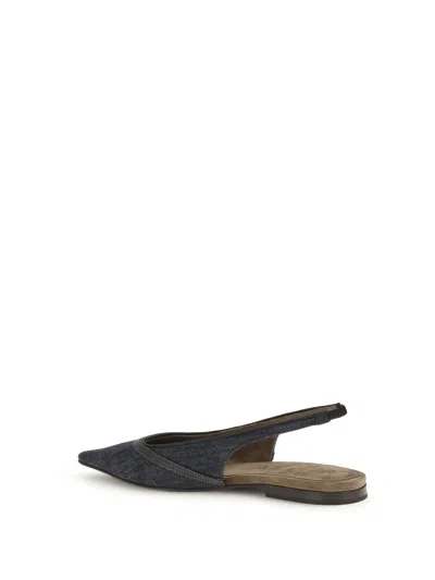 Brunello Cucinelli Monili Pointed Toe Slingback Flat In Blue