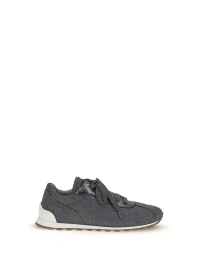 Brunello Cucinelli Women Low-top Wool Flannel Sneakers With Leather Profiles In Gray