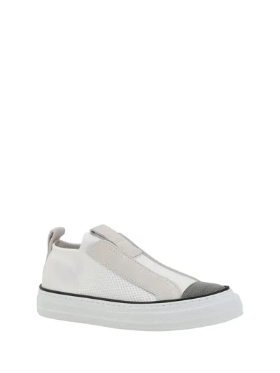 Brunello Cucinelli Slip-on White Sneakers With Silver Monile Detailing In White