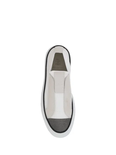 Brunello Cucinelli Slip-on White Sneakers With Silver Monile Detailing In White