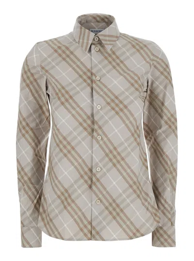 Burberry Women Beige Shirt With Pointed Collar And All-over Check Motif In Cotton Woman In Multi