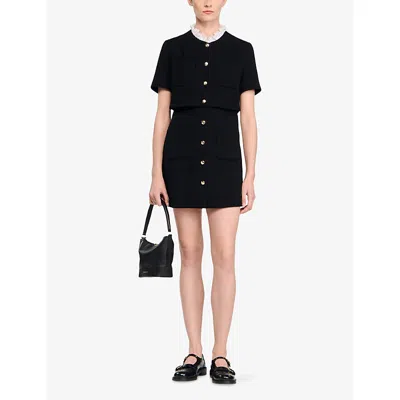 Sandro Womens Detachable-collar Button-down Cotton-blend Mini Dress Black In Black