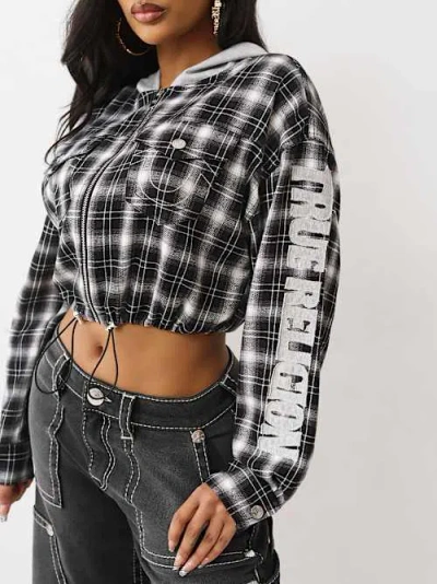 True Religion Plaid Zip Crop Hoodie In Gray