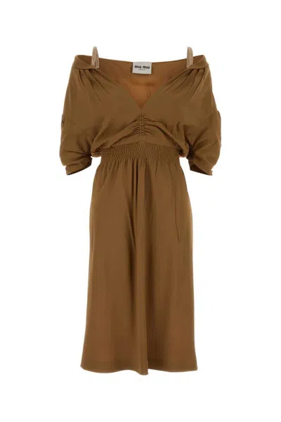 Miu Miu Off-shoulder Midi Dress Featuring Ruched Detail In Brown