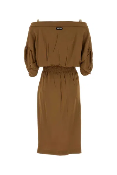 Miu Miu Off-shoulder Midi Dress Featuring Ruched Detail In Brown