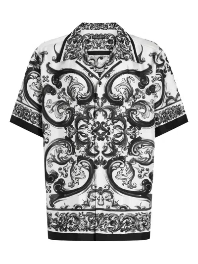 Dolce & Gabbana Maiolica Print Silk Twill S/s Shirt In Black