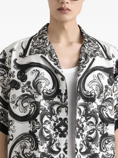 Dolce & Gabbana Maiolica Print Silk Twill S/s Shirt In Black