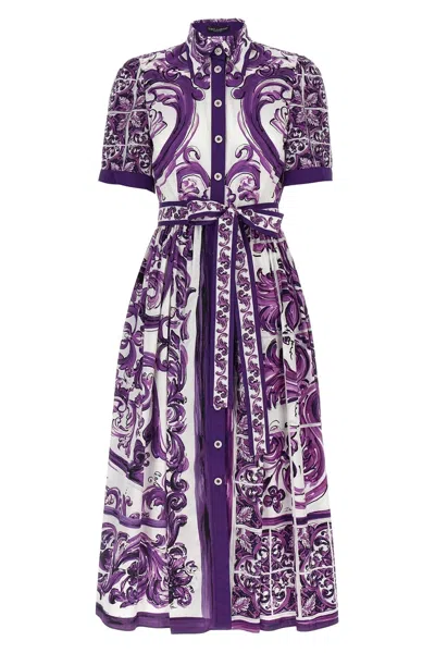 Dolce & Gabbana Maiolica Print Cotton Shirtdress In Purple