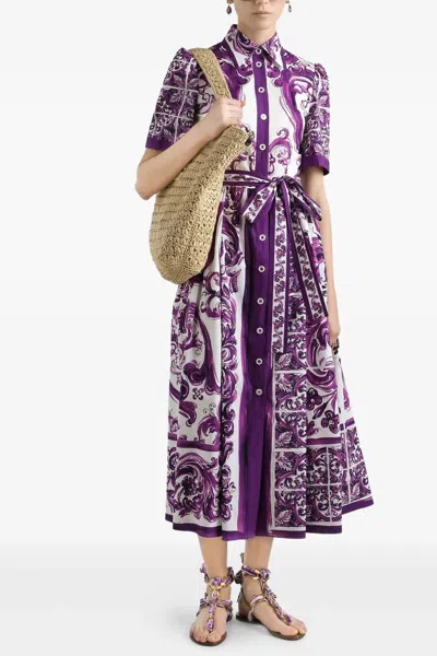 Dolce & Gabbana Maiolica Print Cotton Shirtdress In Purple