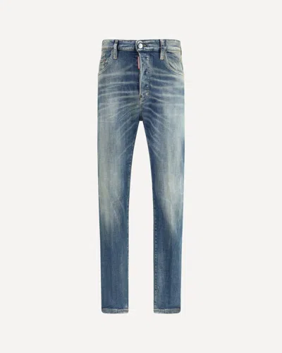 Dsquared2 Men Blue Jeans With Logo Patch On The Rear And Distressed Effect In Denim Man In Brown