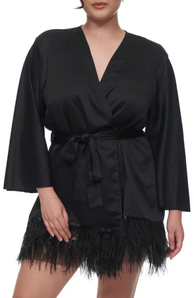 Rya Collection Swan Feather-hem Robe, Inclusive Sizing In Black