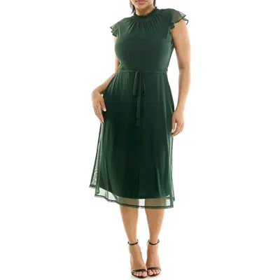 Nina Leonard Smocked Flutter Sleeve Mesh Dress In Green