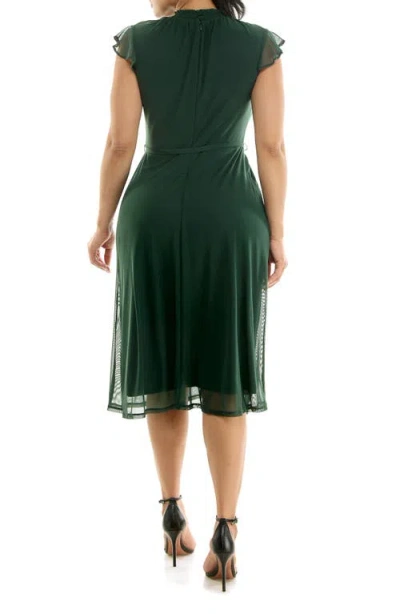 Nina Leonard Smocked Flutter Sleeve Mesh Dress In Green