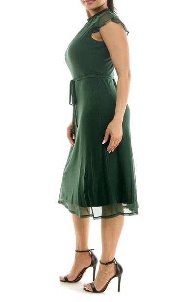 Nina Leonard Smocked Flutter Sleeve Mesh Dress In Green