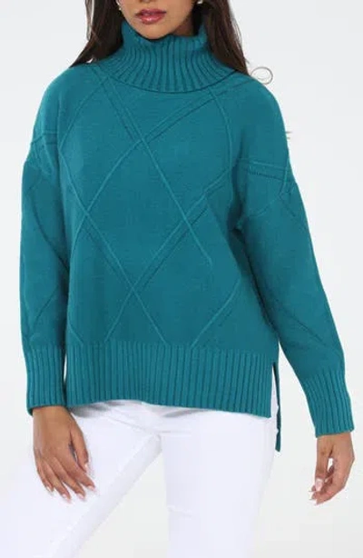 Rain And Rose Argyle Turtleneck Sweater In Blue