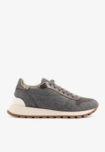 Brunello Cucinelli Women Low-top Wool Flannel Sneakers With Leather Profiles In Gray