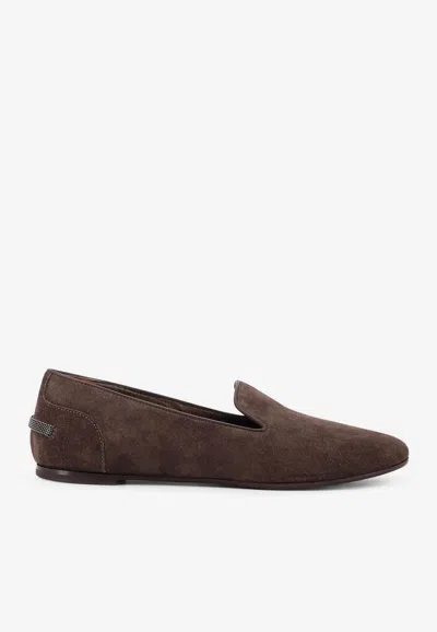 Brunello Cucinelli Women Suede Loafers With Monili Detail In Brown