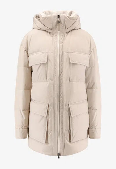 Brunello Cucinelli Hooded Down Jacket In Nylon And Cotton In Neutral