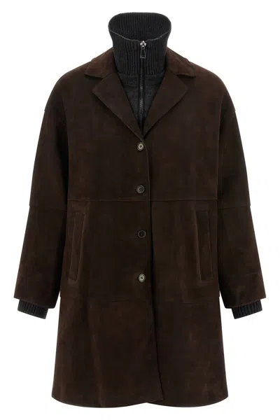 P.a.r.o.s.h Suede Coat With Knit Insert And Front Button Closure In Multi