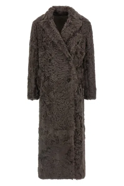 Brunello Cucinelli Long Faux Fur Coat With Notched Lapels In Brown