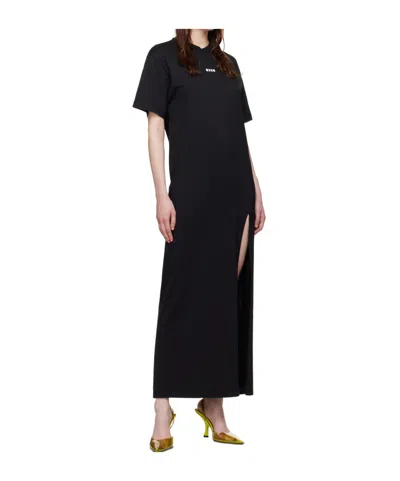 Msgm Crew Neck Long Dress With Side Slit In Black
