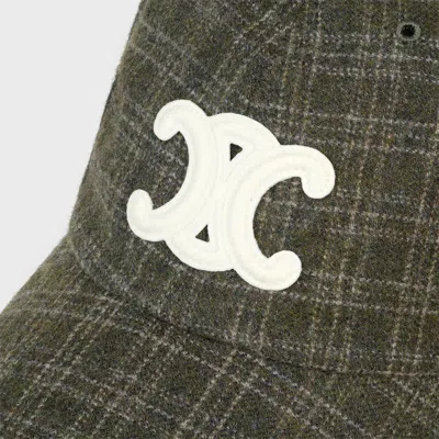 Celine Triomphe Baseball Cap In Checked Wool Felt In Green