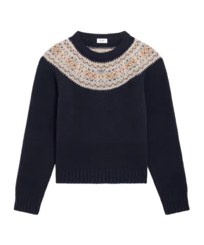 Celine Crewneck Sweater In Triomphe Fair Isle Wool In Blue