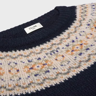 Celine Crewneck Sweater In Triomphe Fair Isle Wool In Blue