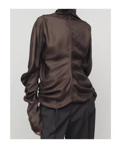 The Row Draped Long Sleeve High Neck Blouse In Brown