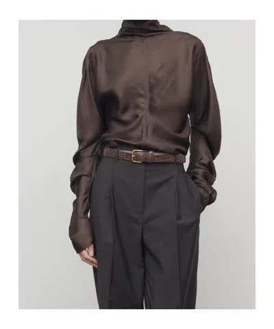 The Row Draped Long Sleeve High Neck Blouse In Brown