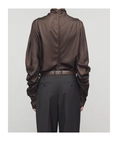 The Row Draped Long Sleeve High Neck Blouse In Brown