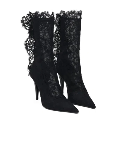 Alexander Mcqueen Lace Overlay Pointed Toe Stiletto Boots In Black