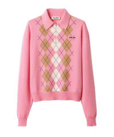 Miu Miu Argyle Pattern Polo With Ribbed Cuffs And Hem In Pink