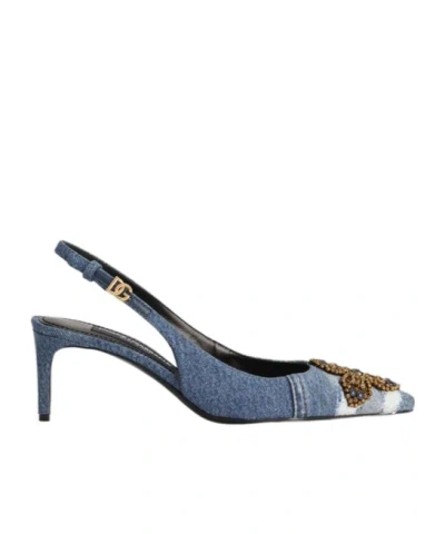Dolce & Gabbana Denim Patchwork Slingback With Embroidery In Blue