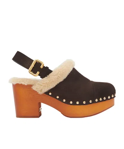 Chloé Jeannette Shearling-trimmed Suede Wedge Clogs In Brown