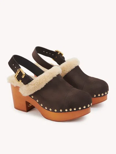 Chloé Jeannette Shearling-trimmed Suede Wedge Clogs In Brown
