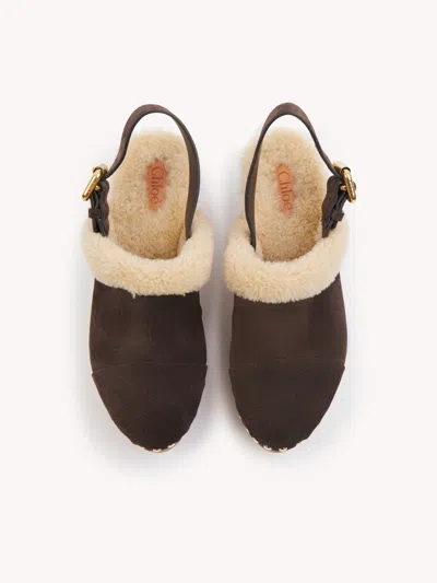 Chloé Jeannette Shearling-trimmed Suede Wedge Clogs In Brown