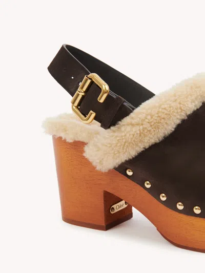 Chloé Jeannette Shearling-trimmed Suede Wedge Clogs In Brown