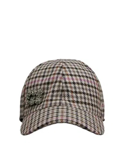 Roger Vivier Efflorescence Baseball Cap In Checks Fabric In Brown