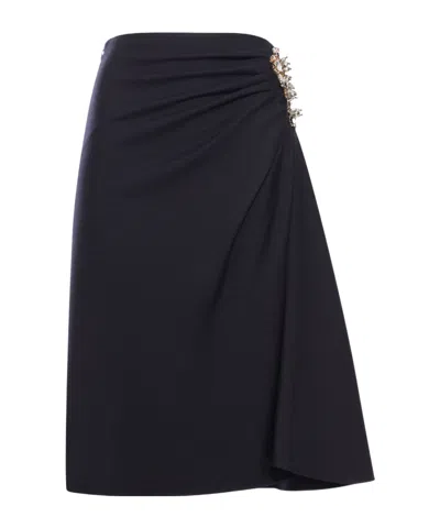 Dries Van Noten Navy Blue Draped Skirt With Brooch In Black