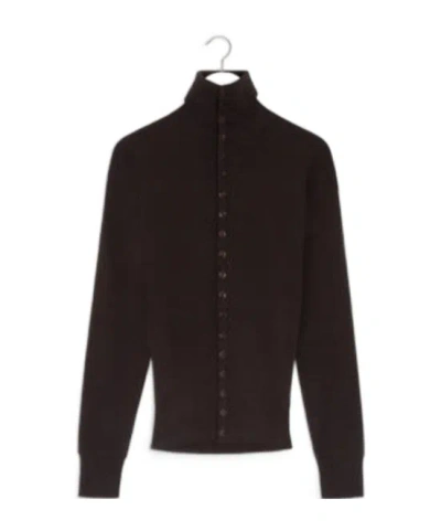 Lemaire Wool Cardigan Featuring High Collar And Ribbed Cuffs In Brown