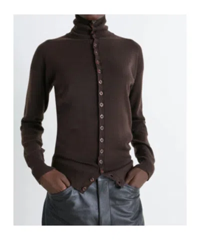 Lemaire Wool Cardigan Featuring High Collar And Ribbed Cuffs In Brown