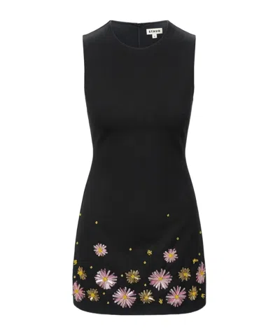 Staud Dahlia Beaded-flower Sleeveless Mini Dress In Black