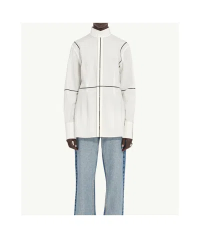 Mm6 Maison Margiela Stand-up Collar Off-white Cotton Shirt With Geometric Stripes