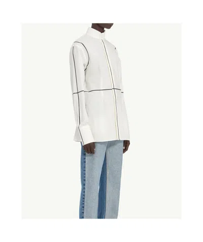 Mm6 Maison Margiela Stand-up Collar Off-white Cotton Shirt With Geometric Stripes