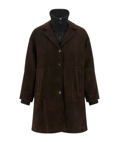 P.a.r.o.s.h Suede Coat With Knit Insert And Front Button Closure In Brown