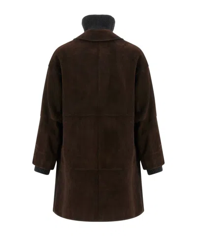 P.a.r.o.s.h Suede Coat With Knit Insert And Front Button Closure In Brown
