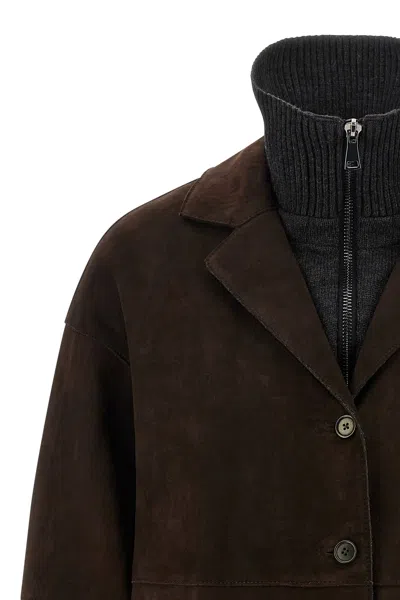 P.a.r.o.s.h Suede Coat With Knit Insert And Front Button Closure In Brown